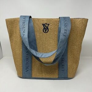 Victoria's Secret Straw Beach Tote Bag Beige Blue Logo Weekender Travel